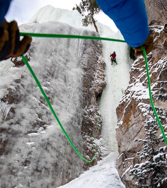 Jesse Selwyn, Elias de Andres Martos, and Dan Zokaites climb at Lake City Ice Park.